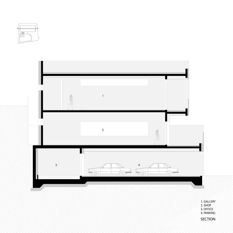 Section drawing showing four stacked levels including gallery, shop, office and parking with cars