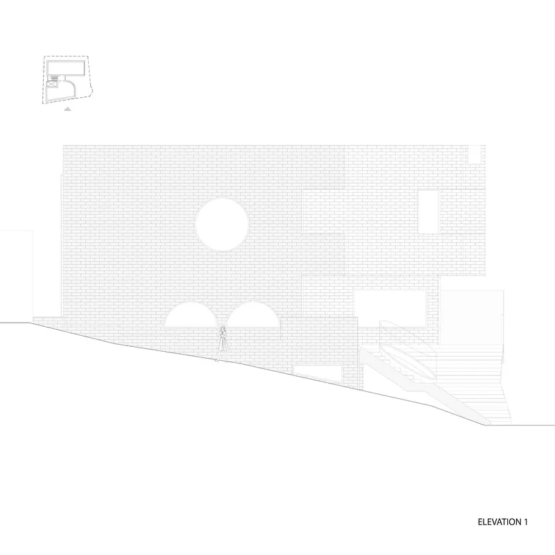 Elevation drawing showing a brick facade with circular and arched openings beside stepped entrance