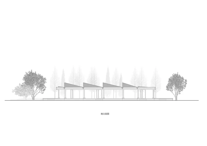 Elevation drawing showing five sawtooth roof bays framed by deciduous trees in fog