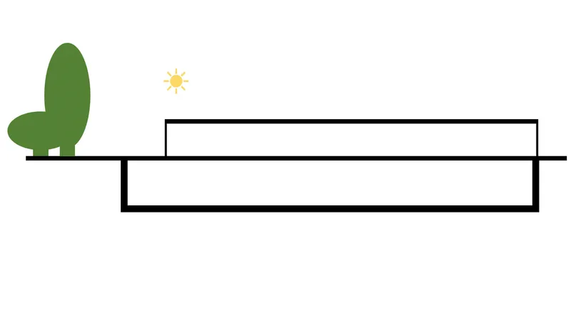 Section drawing showing two offset rectangular volumes with a tree and sun icon in daylight