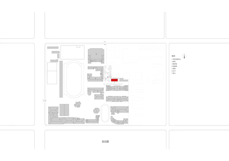 Site plan drawing showing the rectangular pavilion marked in red within the campus layout
