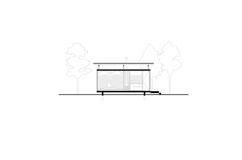 Section drawing showing the single-story volume with a flat roof between two trees at ground level
