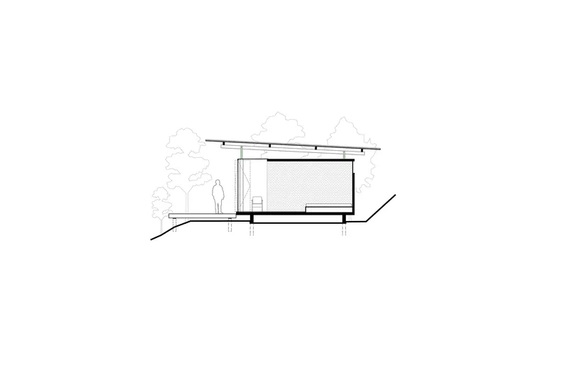 Section drawing showing the structure on a sloped site with figure for scale and surrounding vegetation