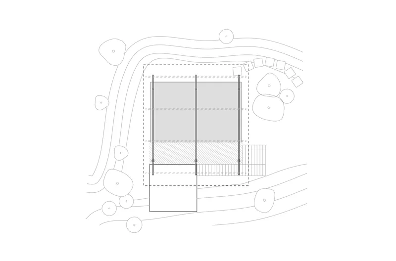 Roof plan drawing indicating two solid volumes with an open deck and adjacent staircase