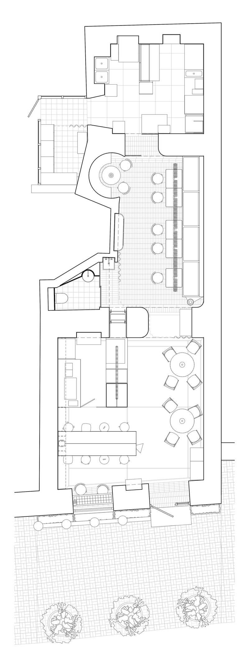 Floor plan drawing showing linear cafe layout with curved service counter, seating areas and street trees