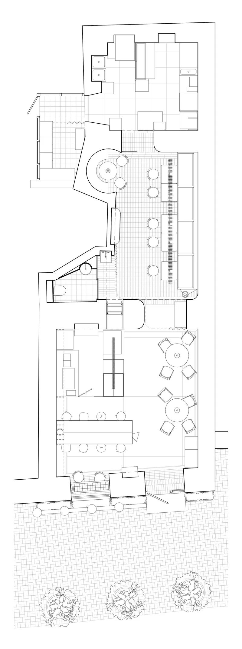 Floor plan drawing showing linear cafe layout with curved service counter, seating areas and street trees
