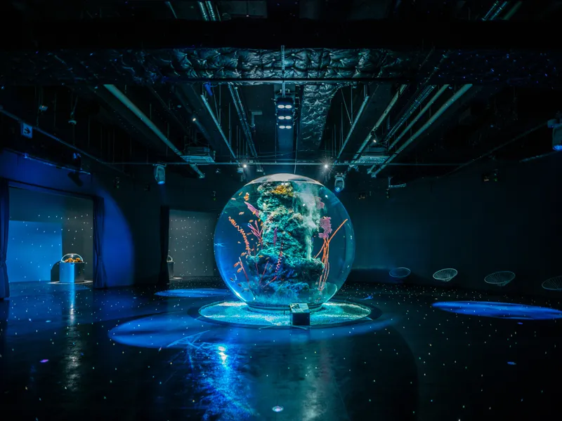 Circular aquarium sphere with coral and fish under blue theatrical lighting and exposed ceiling structure
