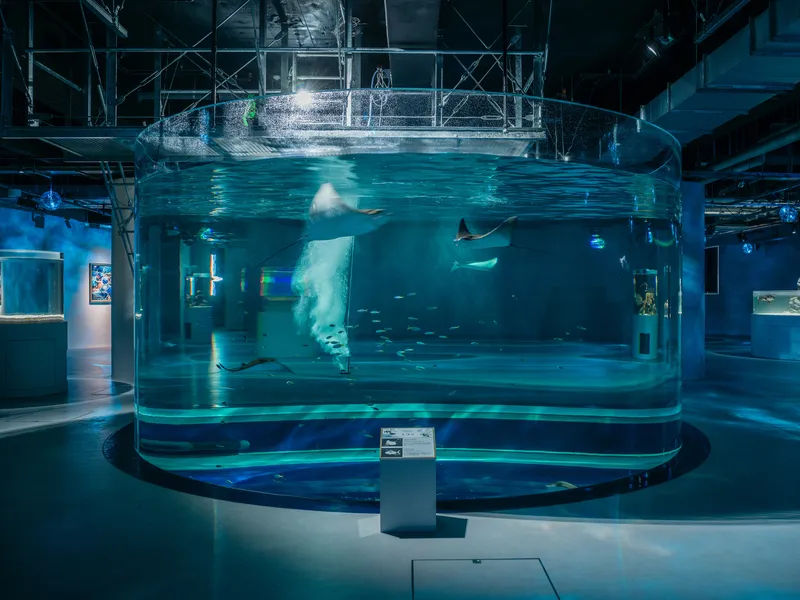 Large cylindrical aquarium tank with beluga whales under industrial ceiling grid and blue ambient light