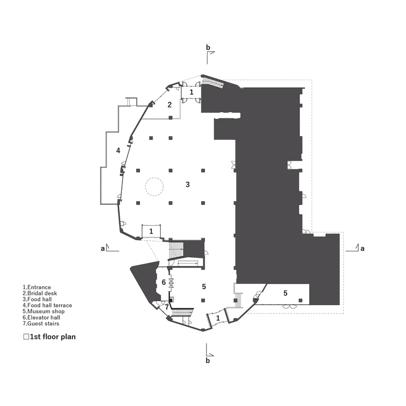 First floor plan drawing showing entrance, food hall, and terrace in an irregular curved footprint