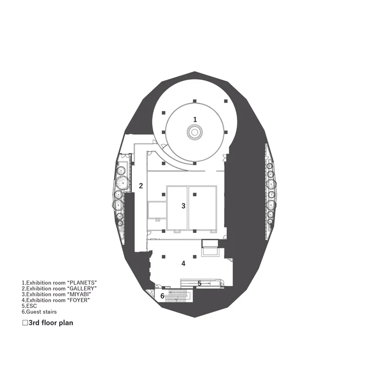 Third floor plan drawing showing circular exhibition room and smaller galleries within an oval perimeter