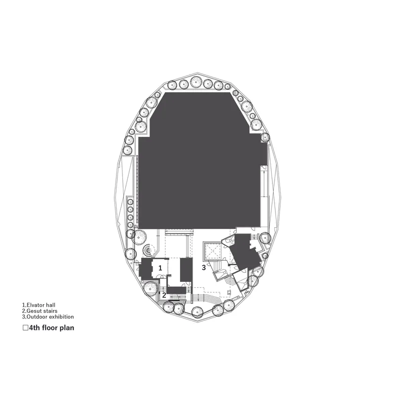 Fourth floor plan drawing showing elevator hall and outdoor exhibition space with circular planting pockets