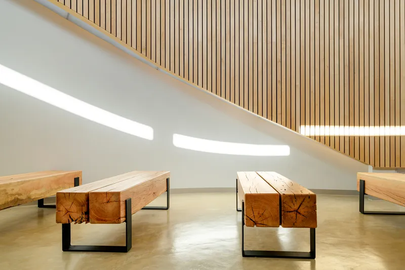 Interior view of timber benches on steel frames beneath a curved wall with vertical wood slats