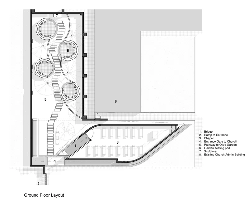 Ground floor plan drawing showing entry ramp, chapel space, and circular elements in garden area