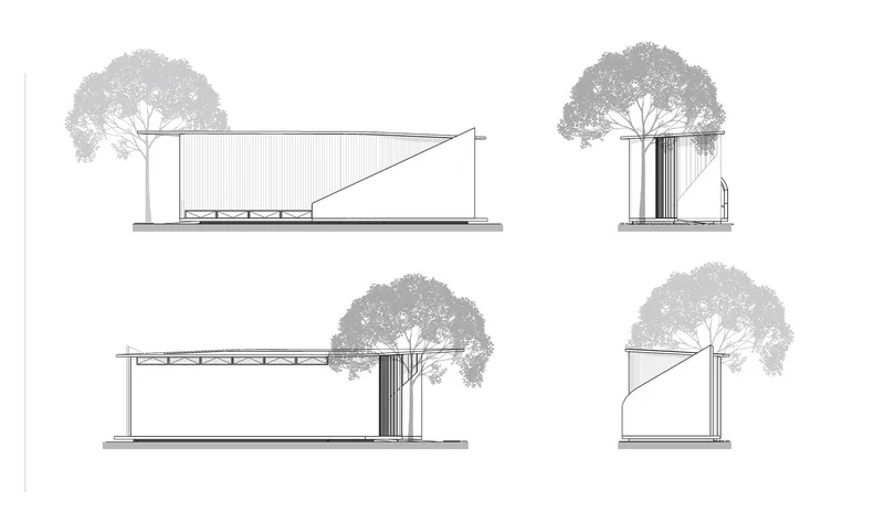 Elevation drawings of four facades showing sloped roofs and vertical timber cladding with trees