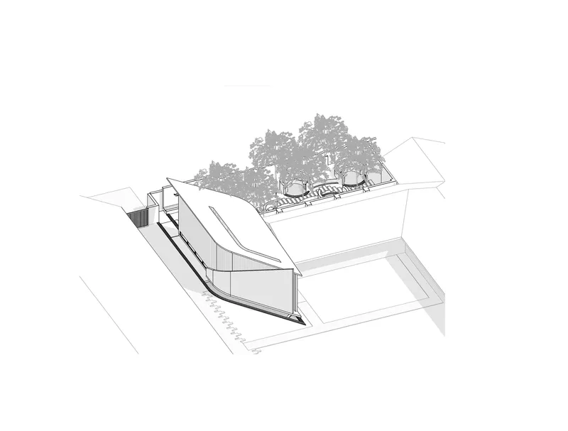 Axonometric drawing showing ramped entry, curved roof, and rooftop garden with trees