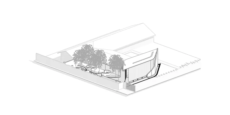 Axonometric drawing showing a curved glass facade with courtyard trees and canopy overhead