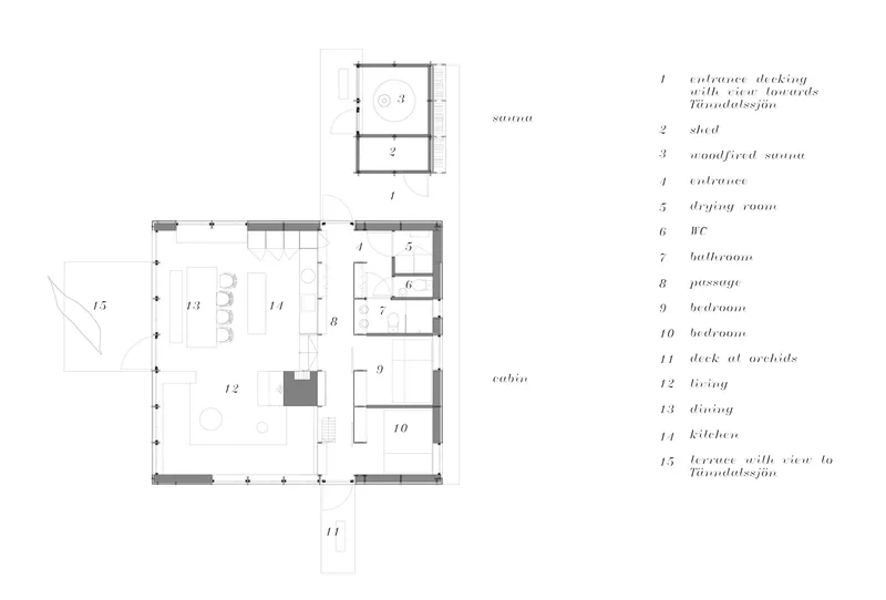 Floor plan drawing showing an open living and dining area with sauna and bedroom zones