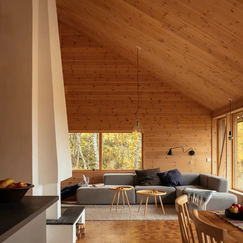 Living room with vaulted tongue-and-groove ceiling, grey sofa, and pendant lights under warm afternoon sun