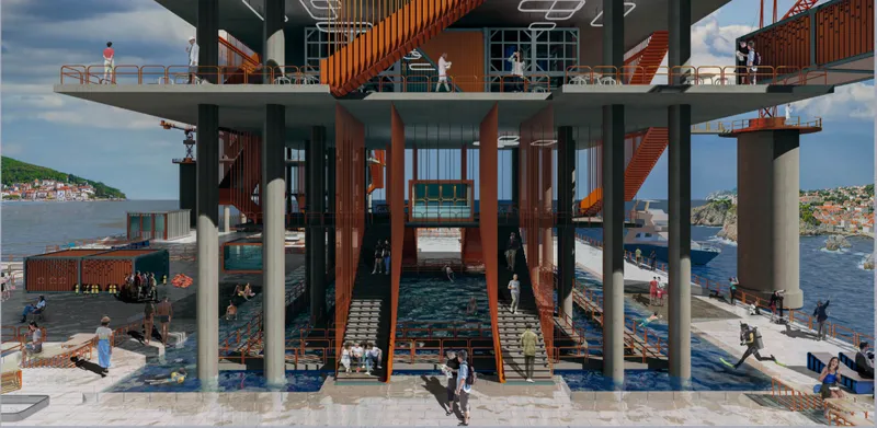 Monumental circulation spaces connect public platforms, exhibition areas, and ocean-facing social zones.