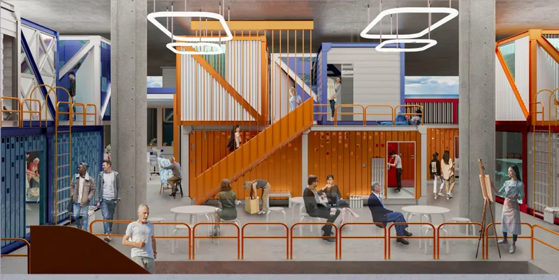 Flexible container-based housing clusters create collaborative spaces for artists, scientists, and visitors.
