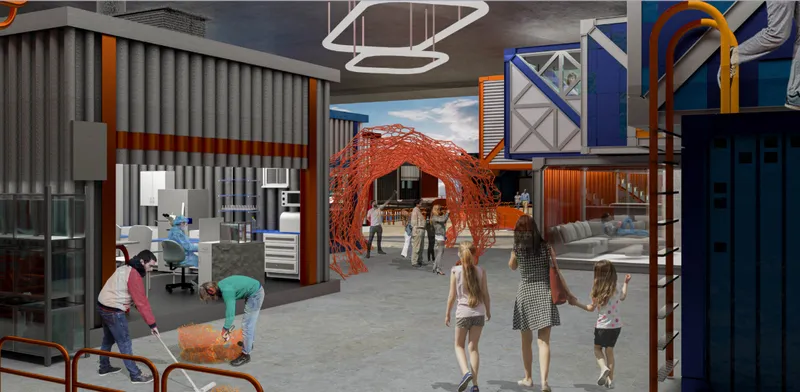 Interactive public corridors combine laboratories, installations, and communal programs within the repurposed rig.