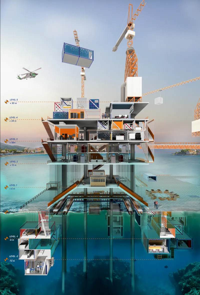 Sectional perspective reveals layered marine architecture extending above and below the waterline.