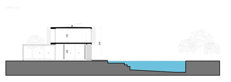 Section drawing illustrating the relationship between interior volumes and stepped pool terrace