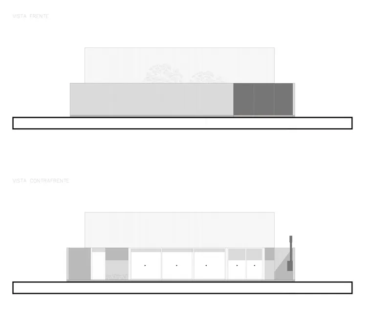 Elevation drawings showing front facade with glazed volumes and rear facade with openings
