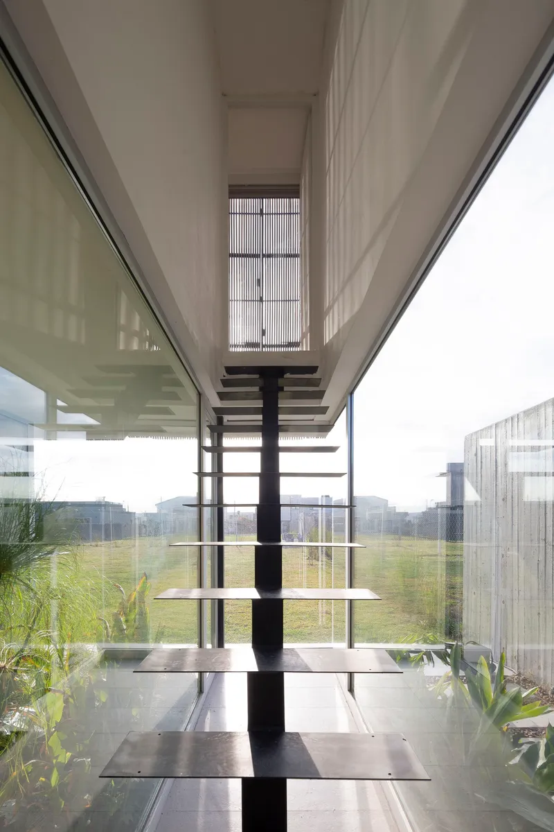 Glass-enclosed staircase with steel treads and central spine overlooking a planted courtyard