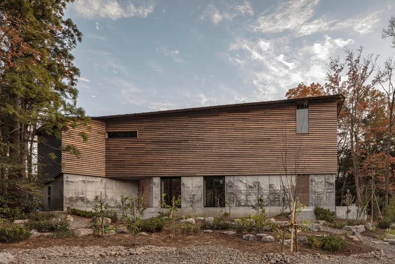 Horizontal timber-clad volume above a concrete base with young trees in a gravel bed