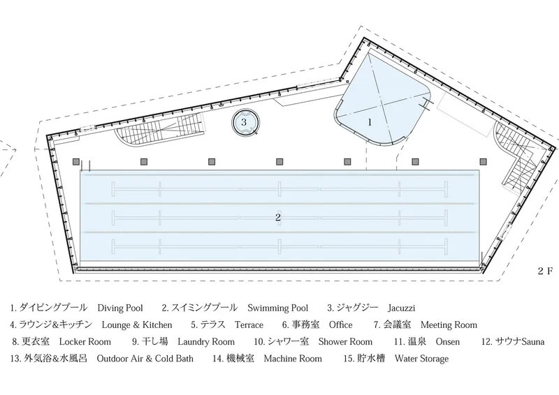 Second floor plan drawing showing lap pool spanning the width with diving pool and jacuzzi in corner