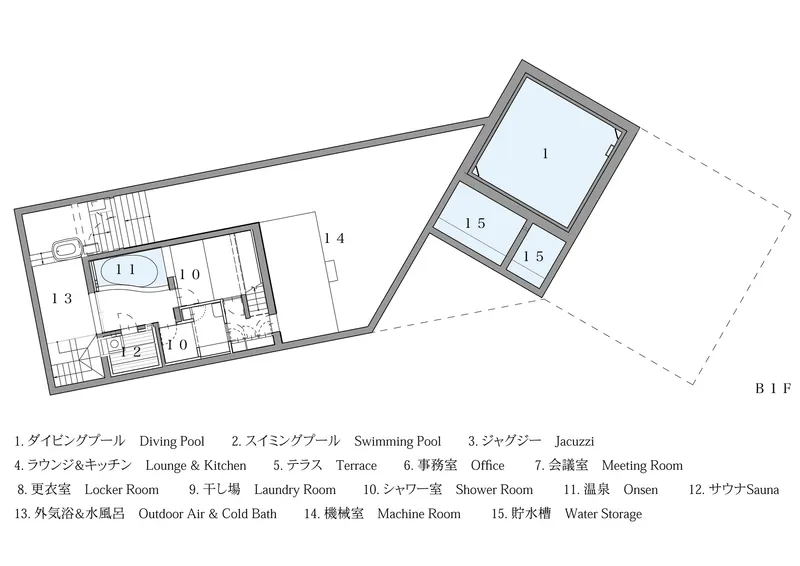 Basement floor plan drawing revealing spa facilities, onsen, sauna, and angled outdoor terrace extending from interior spaces