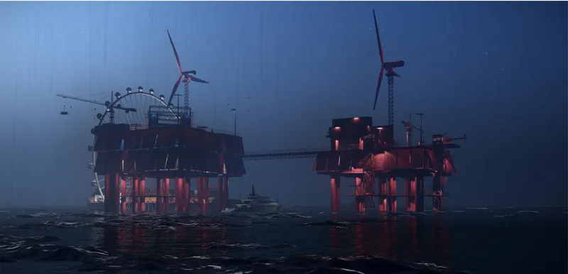 Adaptive reuse architecture transforms a former oil rig into a vibrant offshore community powered by recycled containers and renewable energy.