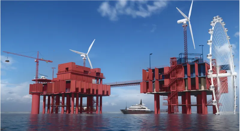 Exterior view showcasing the floating cultural and research hub connected by elevated bridges above the open sea.