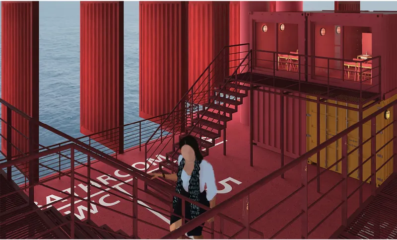 Elevated circulation routes connect container housing units while maximizing ocean views and social interaction.