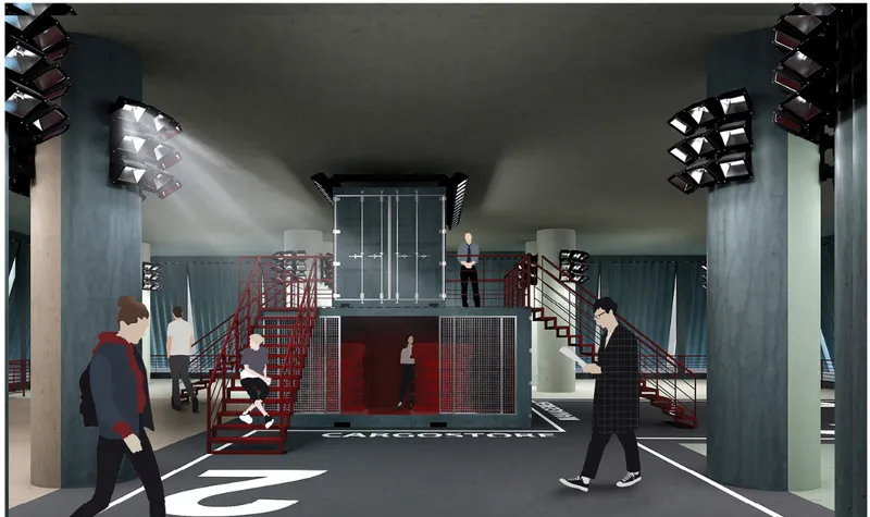 Museum and exhibition space created from recycled shipping containers, celebrating industrial heritage through adaptive reuse design.