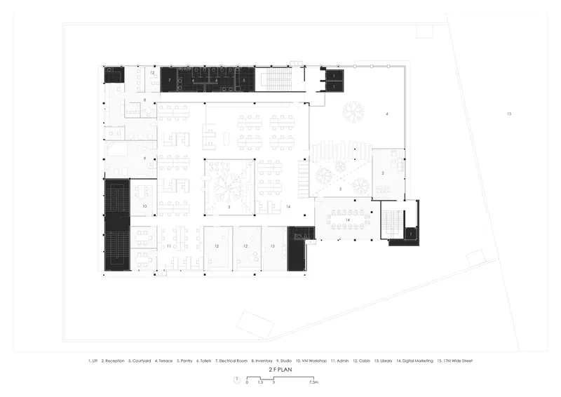 Second floor plan drawing showing open office areas with workstations and enclosed rooms around a central courtyard