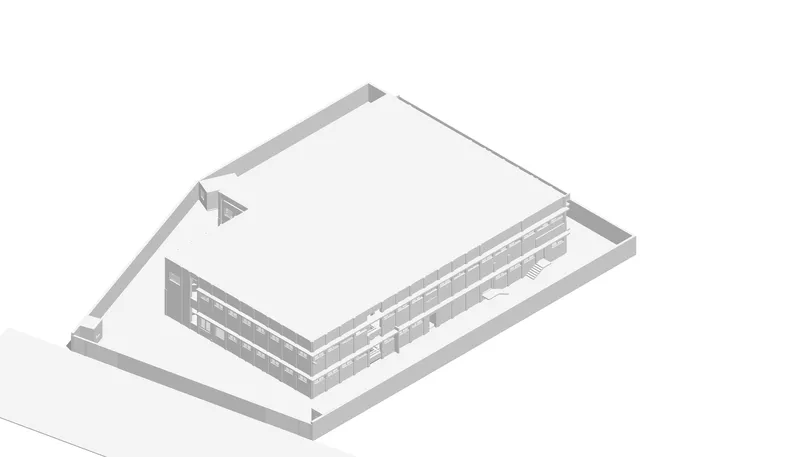Axonometric drawing showing a rectangular building with a large roof plane and perimeter walls