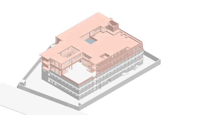Axonometric drawing revealing interior courtyards and a rooftop pool within the building volume