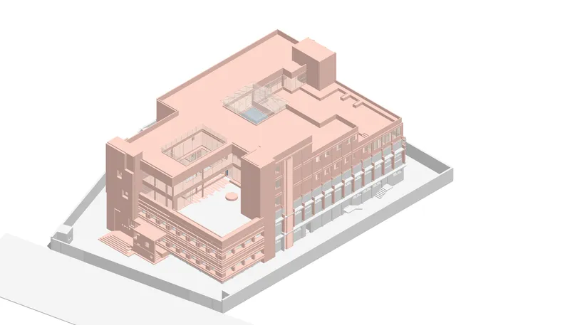 Axonometric drawing showing the complete building form with courtyards and surrounding boundary walls