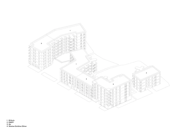 Axonometric drawing showing a residential complex with multiple wings arranged around internal courtyards