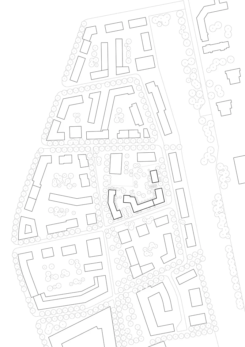 Site plan drawing depicting residential blocks with tree-lined streets and landscaped open spaces