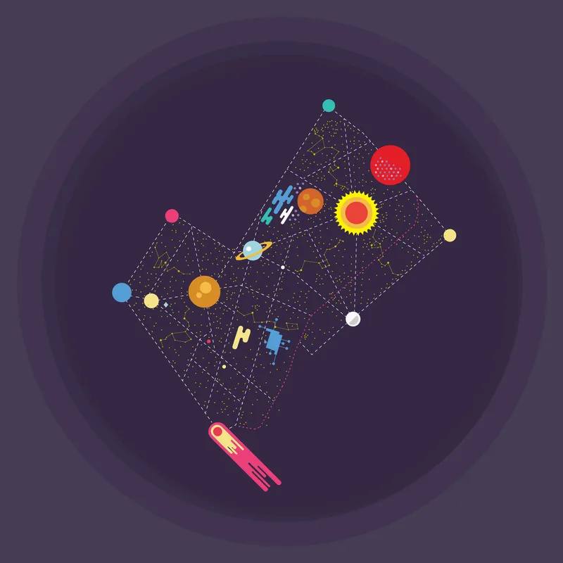 Axonometric diagram showing the site layout with colorful celestial graphics on a dark purple background