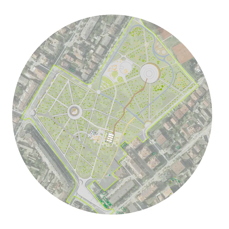 Aerial site plan drawing overlaid on satellite imagery showing pathways and circular plazas with adjacent urban fabric