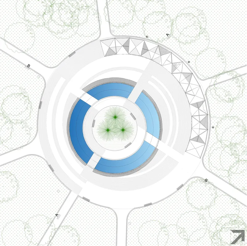 Site plan drawing showing a circular building with blue water features and triangular roof elements amid landscape vegetation