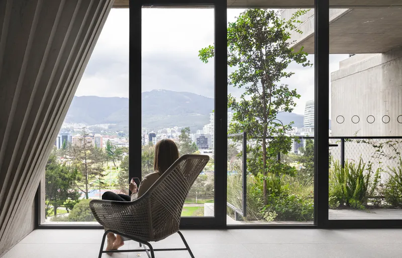 Interior view through floor-to-ceiling windows showing a woven chair facing trees and parkland beyond
