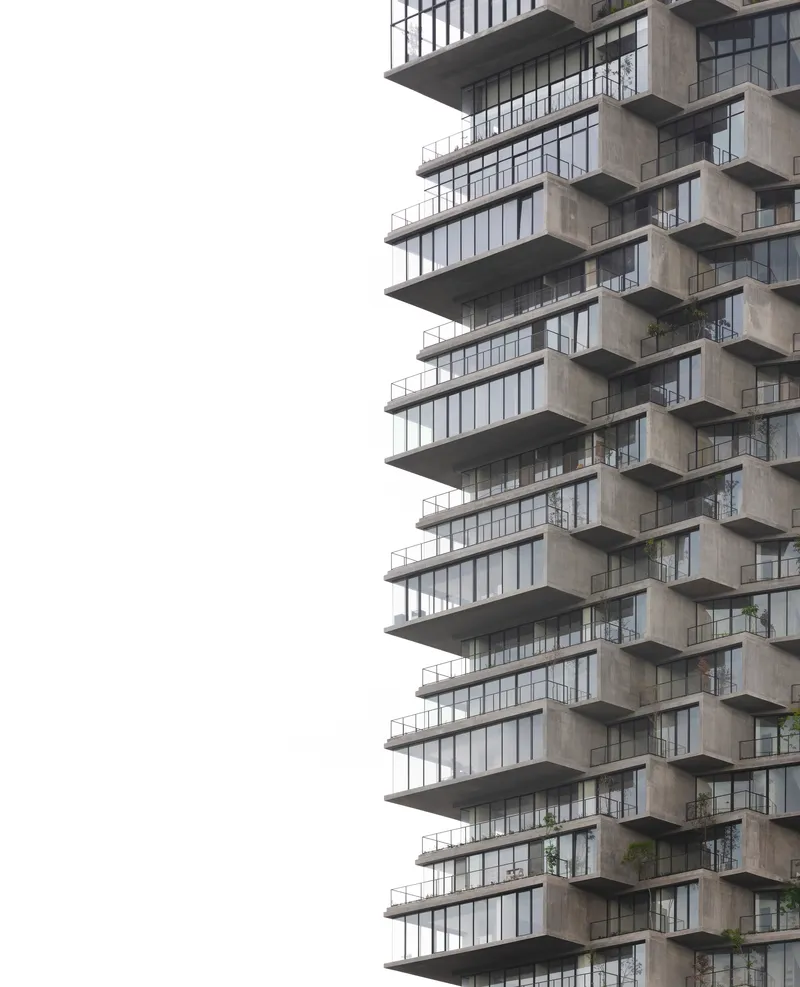 Alternating concrete slabs and glazed balconies in a stepped tower against pale sky
