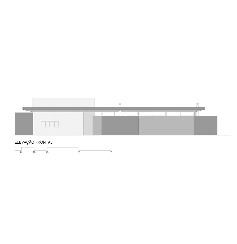 Front elevation drawing showing a flat-roofed single-story volume with recessed openings and a central glazed section