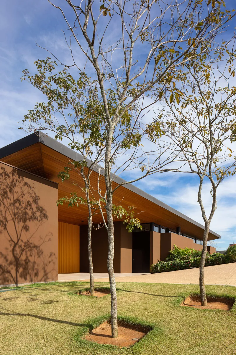 Entry courtyard with deciduous trees planted in lawn beside the terracotta facade and timber eaves