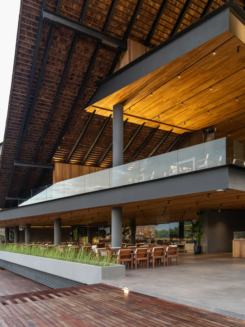 Interior pavilion with exposed timber ceiling framing steel columns and glass balustrade in late afternoon light